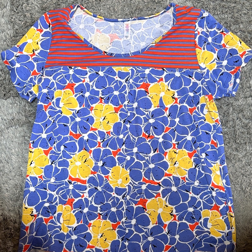 LuLaRoe Blue Floral Short Sleeve Top with Yellow & Red Accents